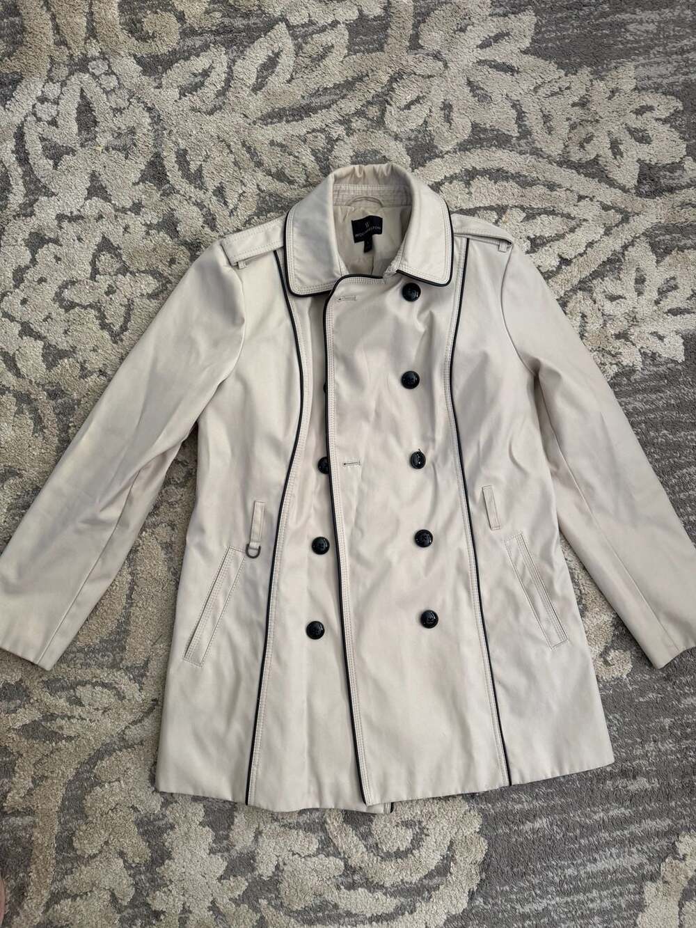 Worthington Trench Coat Size L Cream Black Piping Double Breasted Jacket